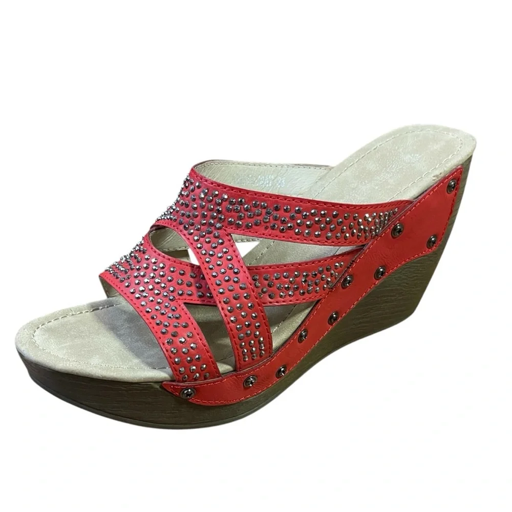 Red Studded Crisscross Wedge Sandals Boho Comfort Slides Sz. 7.5
